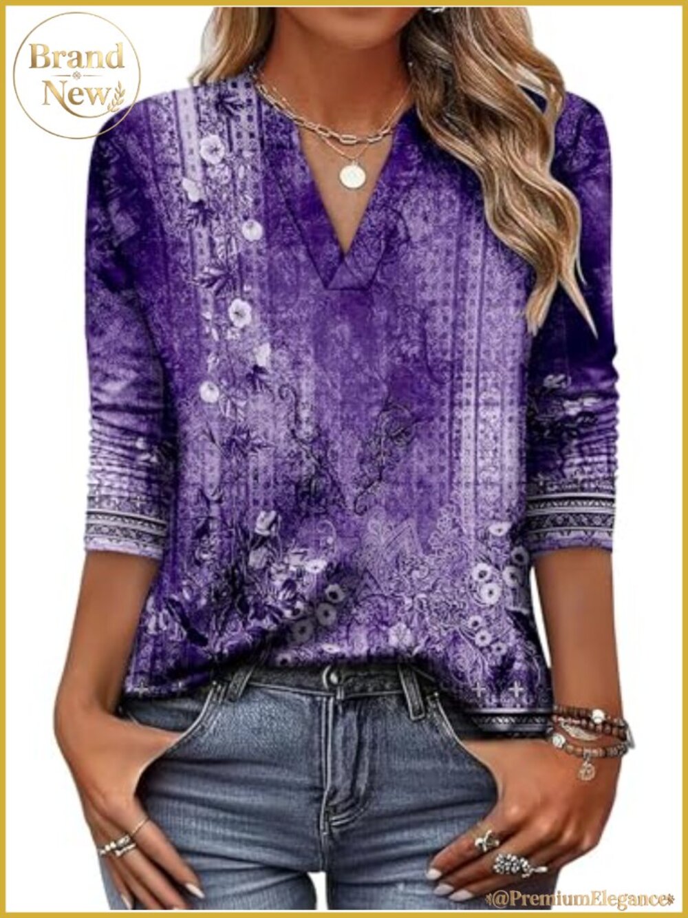 V Neck Long Sleeve Tunic Blouse Loose Fit Stretchy Peasant Top